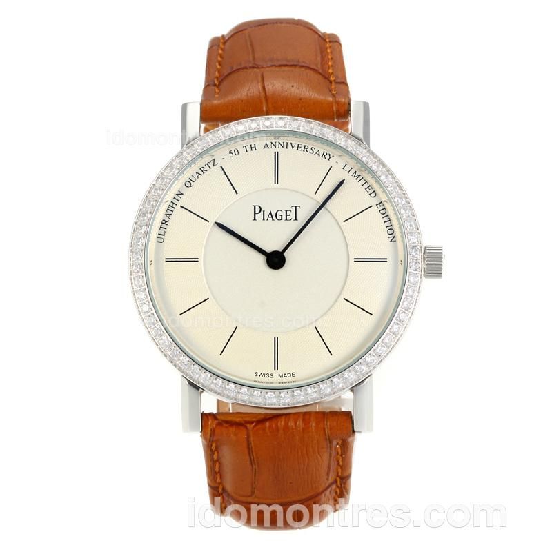 Piaget Altiplano Diamond Bezel with White Dial-Camel Leather Strap
