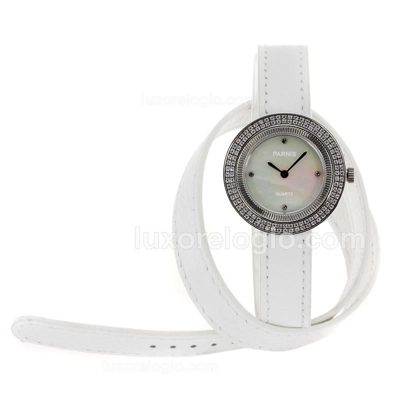 Parnis Diamond Bezel with MOP Dial-White Leather Strap