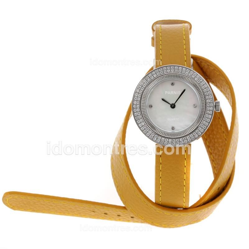 Parnis Diamond Bezel with MOP Dial-Yellow Leather Strap