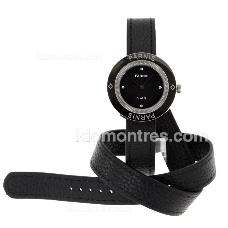 Parnis Diamond Marker with Black Dial-Black Leather Strap