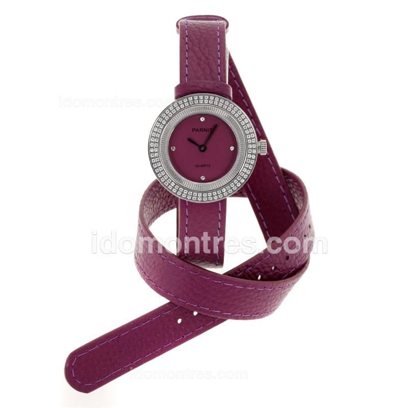 Parnis Diamond Bezel with Purple Dial-Purple Leather Strap