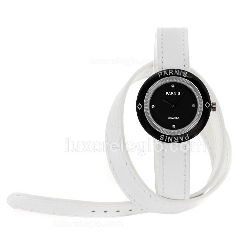 Parnis Diamond Marker with Black Dial-White Leather Strap