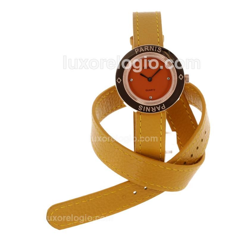 Parnis Rose Gold Case Diamond Marker with Orange Dial-Yellow Leather Strap
