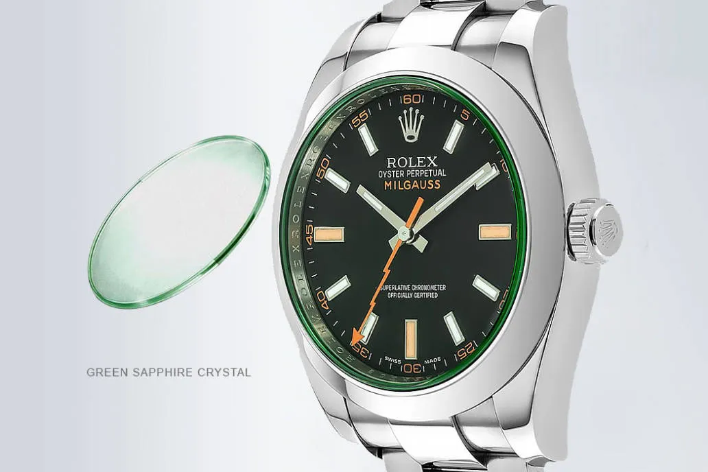 Green sapphire crystal on replica Rolex Milgauss 2025