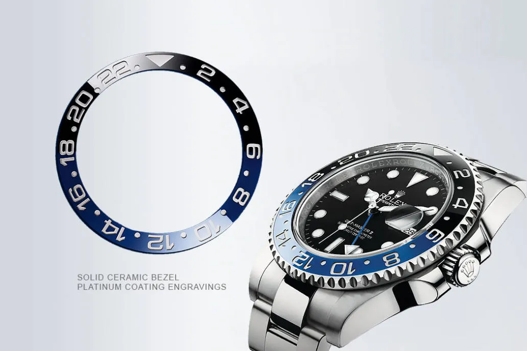 Ceramic bezel with platinum-filled engraving – replica Rolex GMT 2025